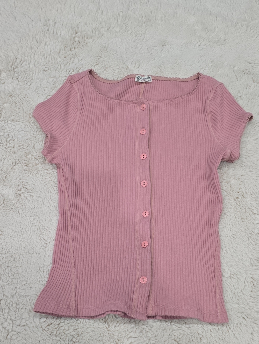Free People Ribbed Button-Front Short Sleeve Top - Dusty Rose